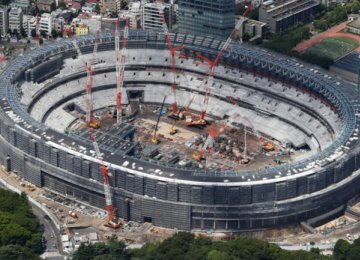 The main stadium of the 2020 Olympics under  construction in central Tokyo.