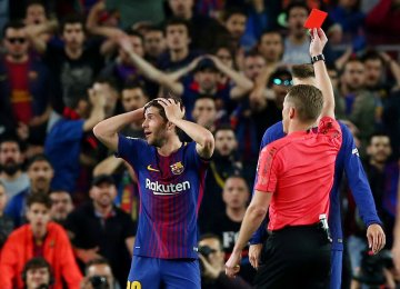 Barcelona’s Sergi Roberto was shown a straight red card by referee Alejandro Hernandez in the first-half stoppage time.