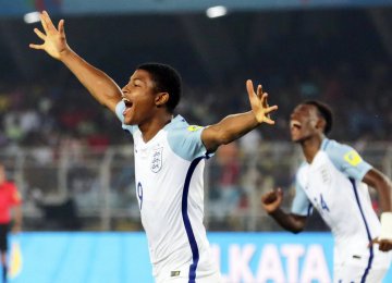 Rhian Brewster (No. 9) scored his second straight hat-trick in England’s 3-1 victory over Brazil.