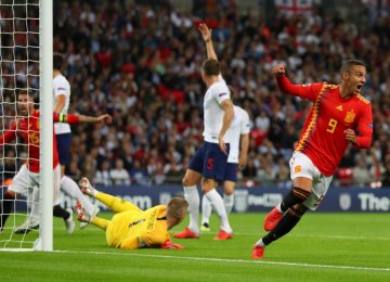 Rodrigo Moreno celebrates scoring Spain’s second  goal at Wembley.