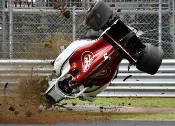 Sauber’s Marcus Ericsson crashes during practice  for the Italian Grand Prix at Monza.