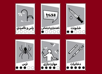 A sample of the new pictograms, clockwise from top left: ‘despair’, ‘social ills’, ‘violence’, ‘fear’, ‘game skill’ and ‘drugs’.