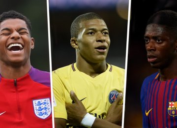 Kylian Mbappe (L), Gabriel Jesus (C) and Ousmane Dembele