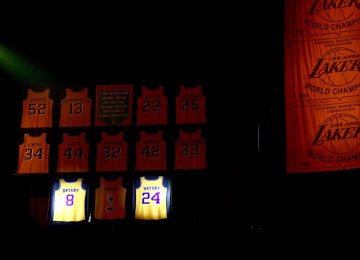 Kobe Bryant’s jersey hangs among others such as Shaquille O’Neal