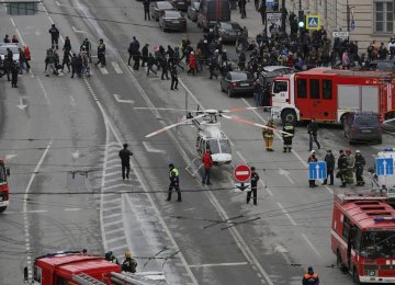 General view of emergency services attending the scene outside Sennaya Ploshchad metro station, following explosions in two train carriages in St. Petersburg, Russia April 3. 