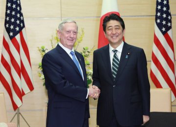 James Mattis (L) and Shinzo Abe meet in Tokyo, Japan, on Feb. 3