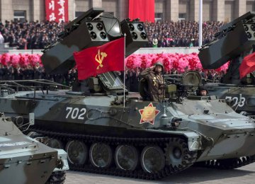 Unidentified Korean People’s Army mobile missile launchers are displayed during a military parade in Pyongyang.