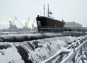 Flag-hoisting at the Russian Yury Dolgoruky nuclear-powered submarine