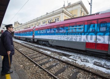 The train with the words “Kosovo is Serbian” written in different languages