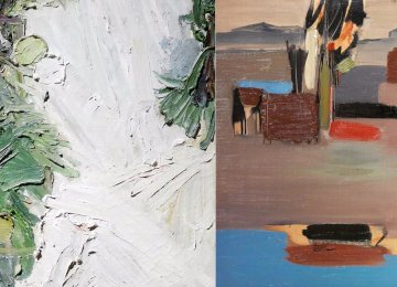 Three top selling Iranian works at Bonhams London Auction Nov. 28: an untitled painting by Sohrab Sepehri (R) and ‘Tomato Plant, Morning’ by Manouchehr Yektai