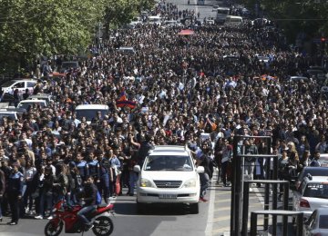 People march during a protest in Yerevan, Armenia, on April 23.