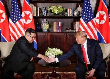 US President Donald Trump meets North Korean Leader Kim Jong-un in Singapore on June 12.