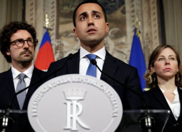 5-Star leader Luigi Di Maio speaks following a talk with Italian President Sergio Mattarella in Rome on April 12.