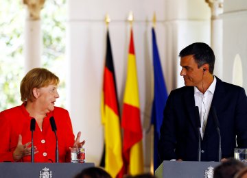 German Chancellor Angela Merkel and Spanish Prime Minister Pedro Sanchez hold a press conference at the Palacio de los Guzmanes in Sanlucar de Barrameda, Cadiz, on August 11.