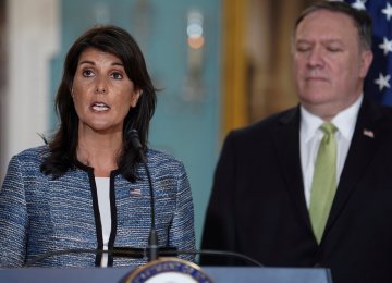 US Ambassador to the United Nations Nikki Haley delivers remarks to the press together with US Secretary of State Mike Pompeo, announcing the withdrawal in Washington on June 19.