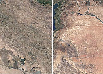 Satellite images retrieved from Google Earth Engine clearly show the reduction in marsh and lake covers in Iraq between 1992 (L) and 2016.