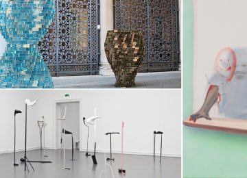 Works by Shirazeh Houshiary (left top), Nairy Baghramian (left bottom) and Tala Madani