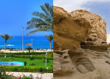 a beach in Kish (L) and Qeshm Geopark. Kish might host football teams while Qeshm could become a destination for tourists. 