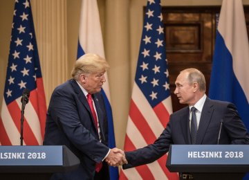 US President Donald Trump (L) and Russian President Vladimir Putin at the Presidential Palace in Helsinki, Finland, on July 16.