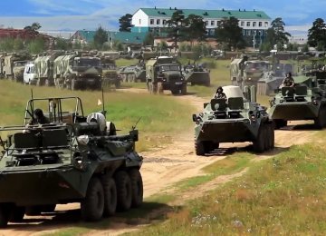 Russian armored personnel carriers take part in the military exercises in the Chita region of Eastern Siberia during the Vostok 2018 exercises in Russia on Sept. 11.