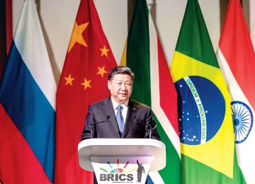 China’s President Xi Jinping addresses delegates at a Business Forum organized during the 10th BRICS summit on July 25 at the Sandton Convention Centre in Johannesburg, South Africa.