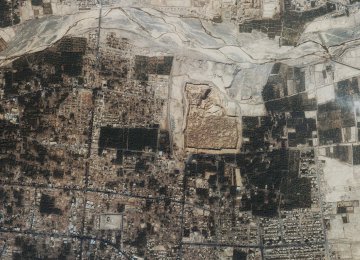 An image of Bam Citadel, Kerman Province, taken by IKONOS satellite on December 27, 2003, one day after a major earthquake struck the ancient city and almost completely destroyed the citadel.