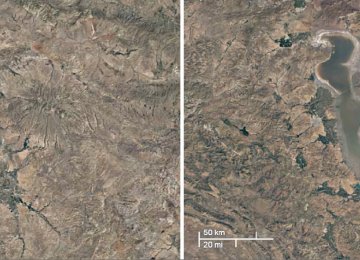 Years of mismanagement have taken a toll on Iran’s water resources, such as Urmia Lake. Pictured above is Urmia Lake in 1984 (L) and 2016. (Photo: Google Earth/Landsat/Sentinel satellite system)