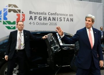US Secretary of State John Kerry arrives for a Brussels conference on Afghanistan at the EU Headquarters in Brussels on Oct. 5.