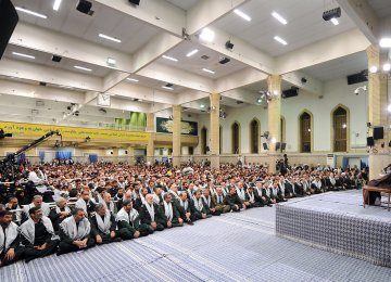 Leader of Islamic Revolution Ayatollah Seyyed Ali Khamenei speaks during a meeting with members of the Basij volunteer forces in Tehran on Nov. 23.    