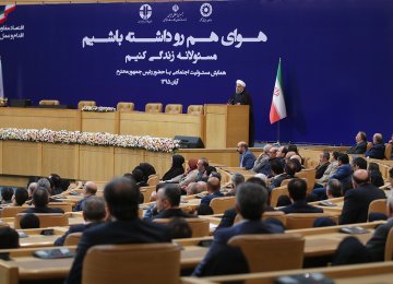 President Hassan Rouhani speaks during a conference on social responsibility in Tehran on Nov. 14.