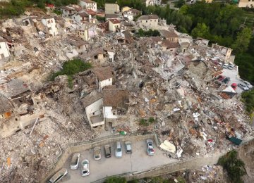 A drone photo shows the damages following an earthquake in Pescara del Tronto, central Italy. 