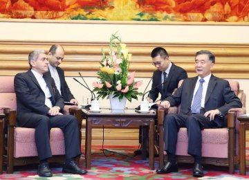 Ali Tayyebnia (L) met with Chinese Vice Premier Wang Yang in Beijing, Aug. 17.