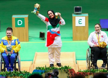 Sareh Javanmardi (C) won in the women’s 10m air pistol shooting category of 2016 Rio Paralympics and claimed the first gold medal for Iran. Olga Kovalchuk of Ukraine (L) and Turkey’s Aysegul Pehlivanlar took silver and bronze respectively.