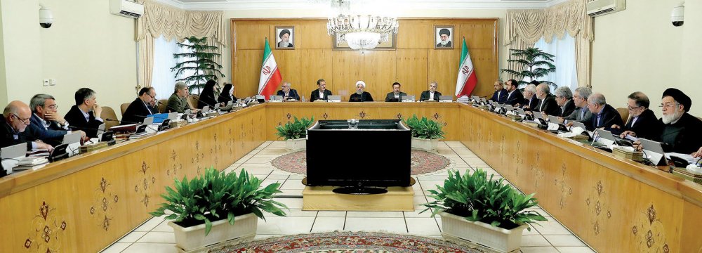 President Hassan Rouhani (C) attends a cabinet meeting in Tehran on May 9.  