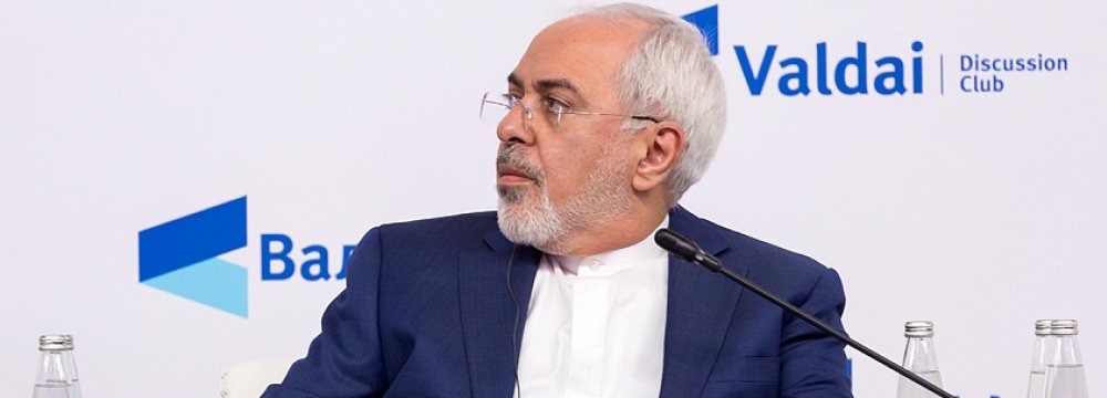 Foreign Minister Mohammad Javad Zarif attends a session of the Valdai Discussion Club in Moscow on Feb. 19.