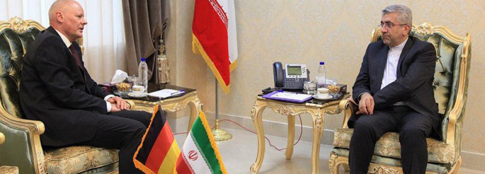 German Ambassador Klor-Berchtold (L) meets Energy Minster Reza Ardakanian in Tehran on April 24.