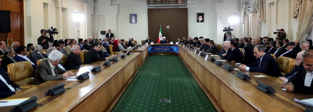 President Hassan Rouhani speaks during a meeting with the country’s businesspeople on May 27. 