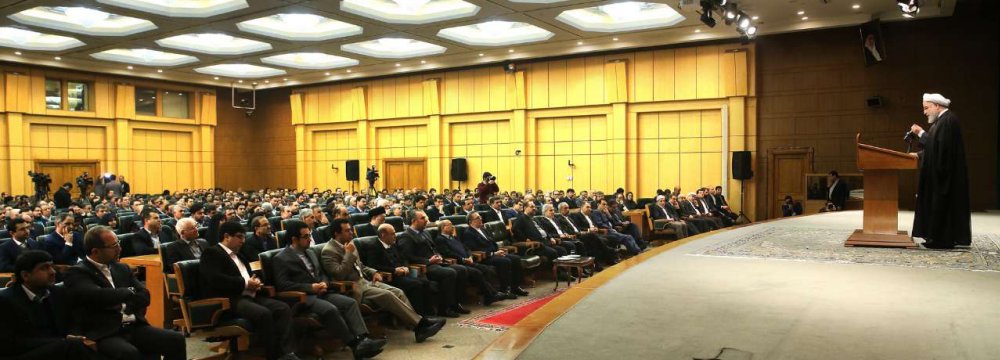 President Rouhani addresses the 57th annual general meeting of the Central Bank of Iran at the CBI headquarters in Tehran on March 4.   