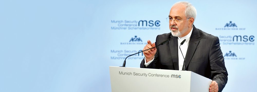 Mohammad Javad Zarif gives a speech at the Munich Security Conference on February 18.