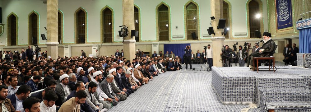 The Leader of  Islamic Revolution Ayatollah Seyyed Ali Khamenei addresses a group of university students in Tehran on Monday.