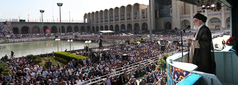 Leader of the Islamic Revolution Ayatollah Seyyed Ali Khamenei delivers a speech on the occasion of Eid al-Fitr in Tehran on Friday.