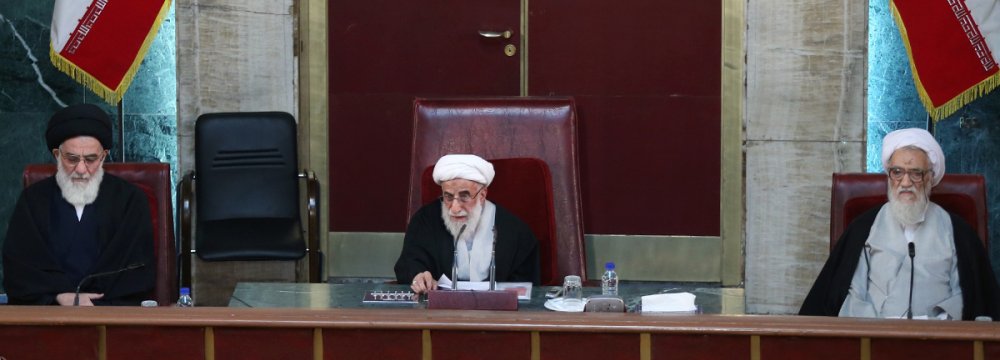 Ayatollah Ahmad Jannati chairs a meeting of the Assembly of Experts in Tehran on March 7.  