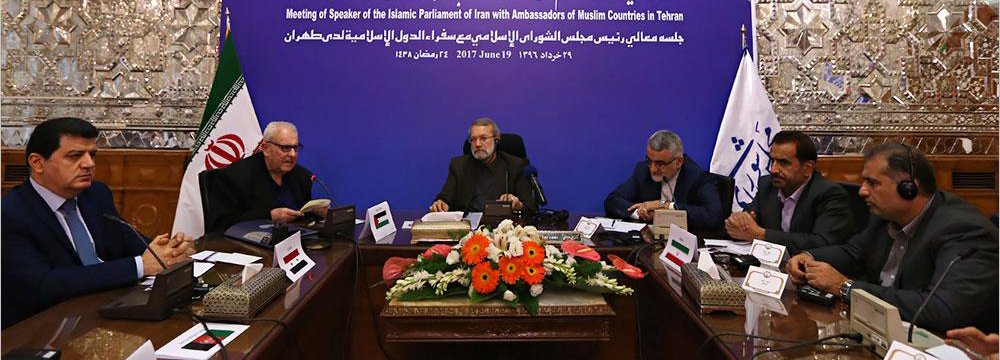 Majlis Speaker Ali Larijani meets ambassadors of Muslim countries in Tehran on June 19. 