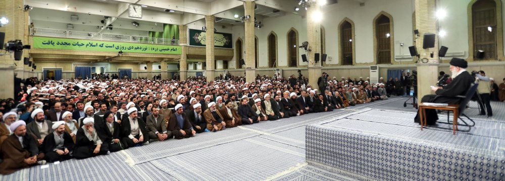  Ayatollah Seyyed Ali Khamenei receives a large group of people from the holy city of Qom in Tehran on Sunday.
