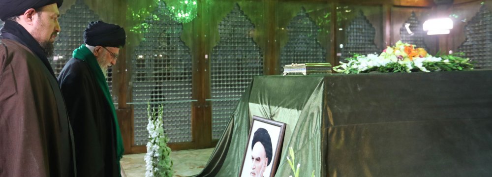 Ayatollah Seyyed Ali Khamenei visits the mausoleum of Ayatollah Ruhollah Khomeini, the late founder of the Islamic Republic, on Jan. 31.