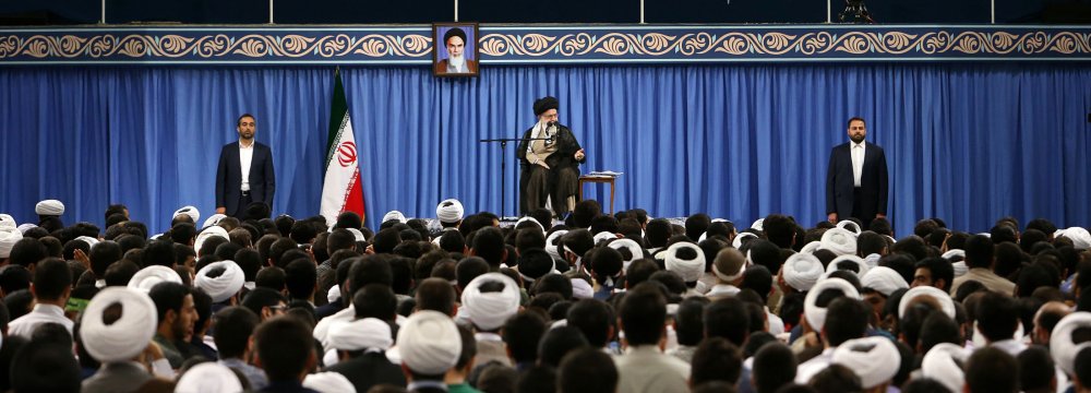 Ayatollah Seyyed Ali Khamenei receives the staff and students of Tehran Province's theological schools on Aug. 28.