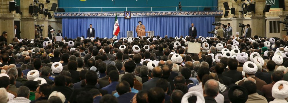 Ayatollah Seyyed Ali Khamenei addresses members of the Coordination Council of Islamic Publicity in Tehran on Dec. 27. 