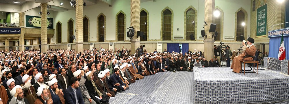 Ayatollah Seyyed Ali Khamenei addresses people in a meeting in Tehran on Jan. 9. 
