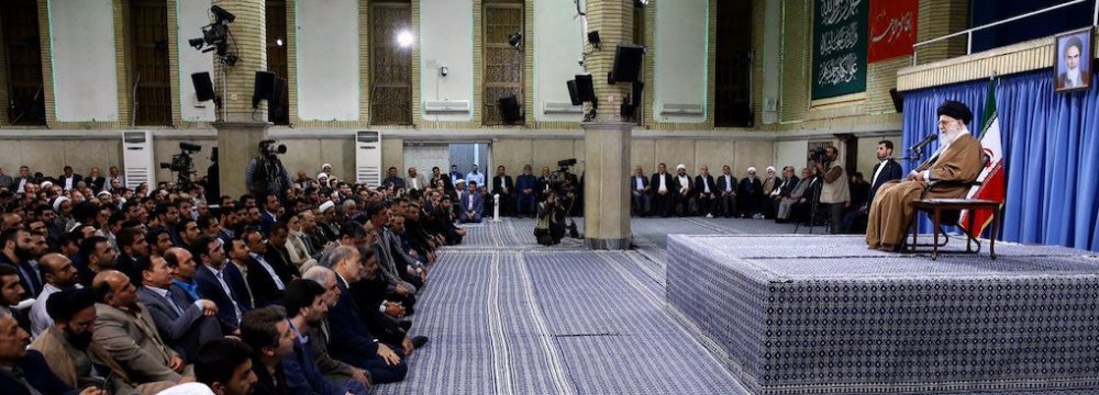 Ayatollah Seyyed Ali Khamenei receives teachers in Tehran on May 7.	