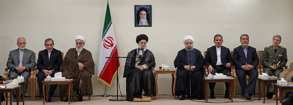 Ayatollah Seyyed Ali Khamenei meets President Hassan Rouhani and his Cabinet members in Tehran on Aug. 26.